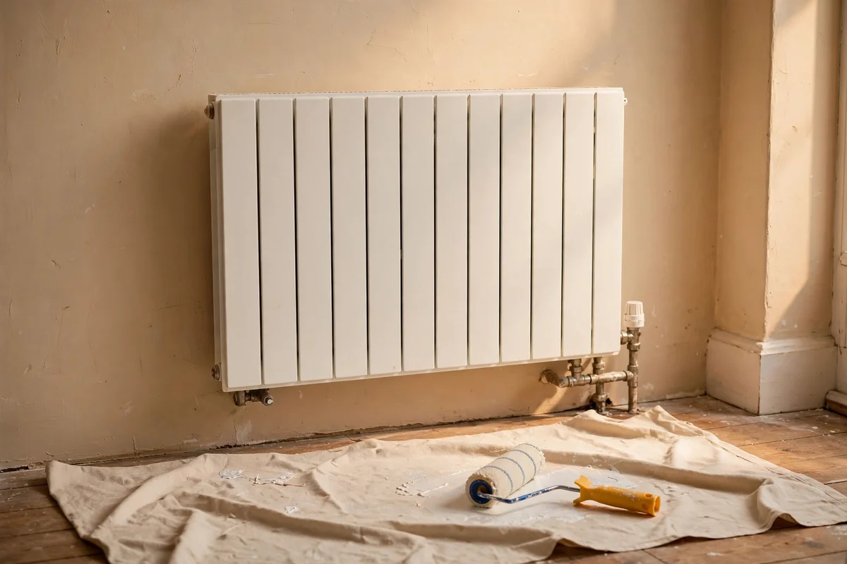 White radiator against a painted wall with roller nearby