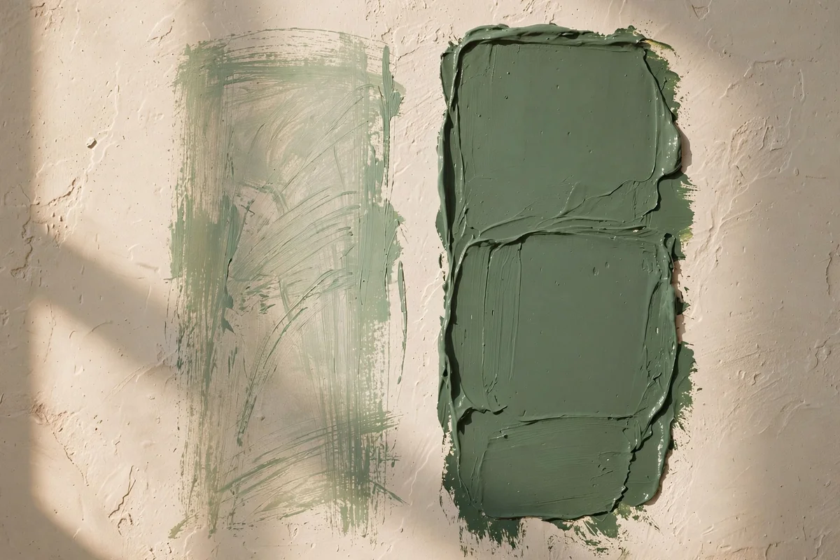 Two paint swatches on a wall showing one coat versus two coats