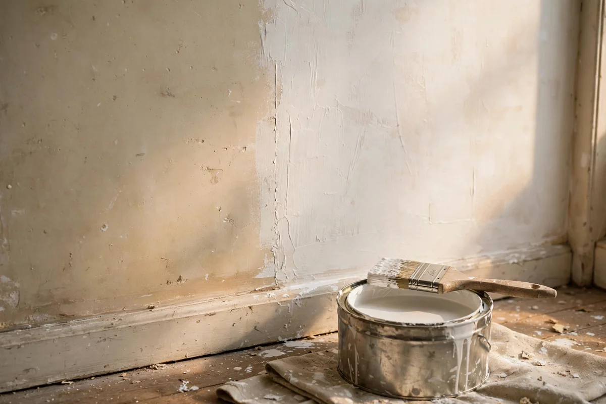 Wall half covered in white primer beside a paint tin