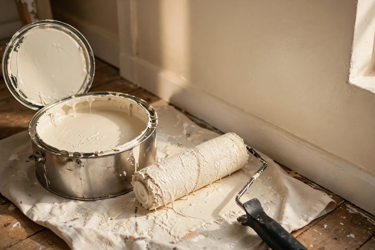 Open tin of matt emulsion with a loaded roller beside a wall