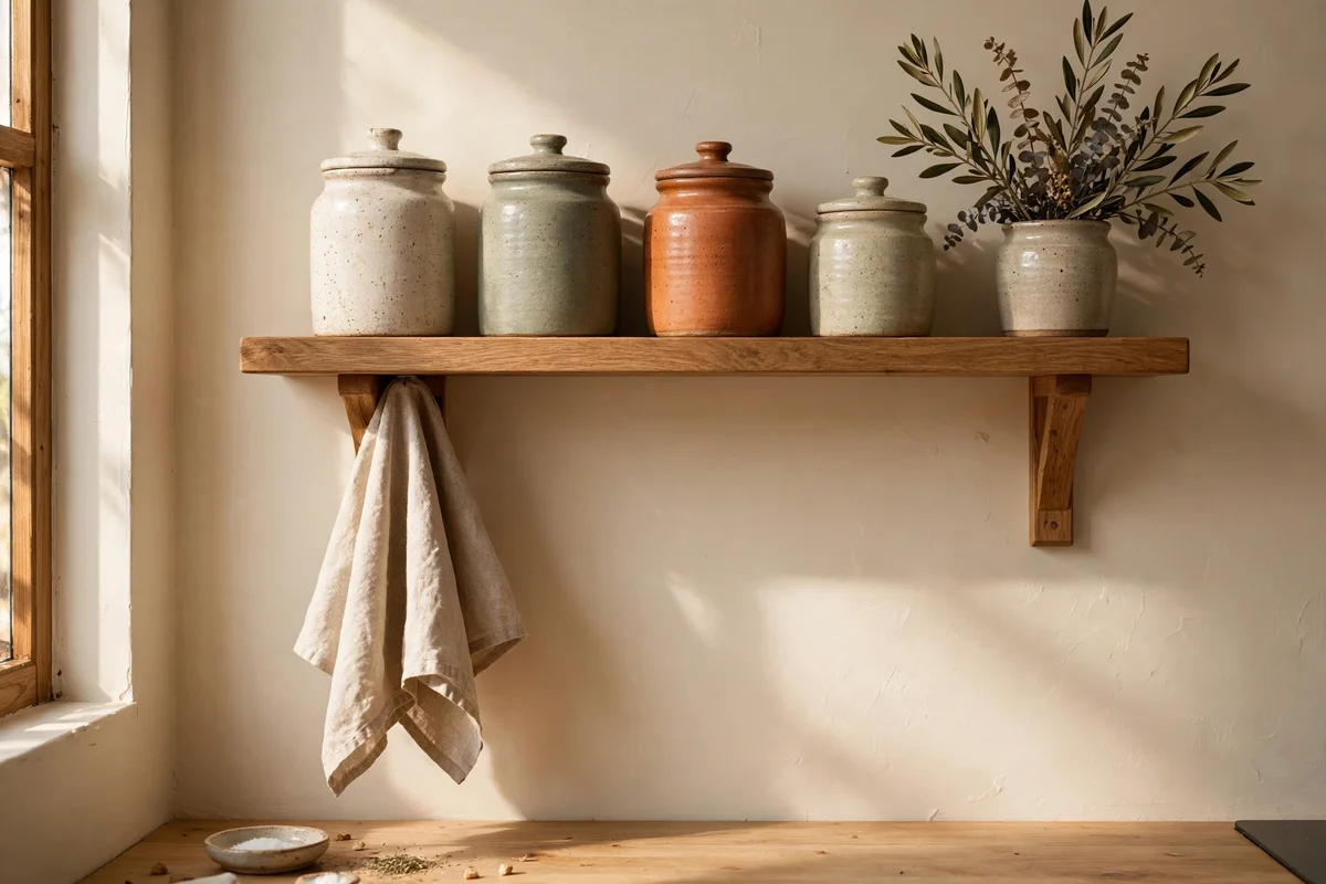 Kitchen wall in wipeable eggshell finish with wooden shelf