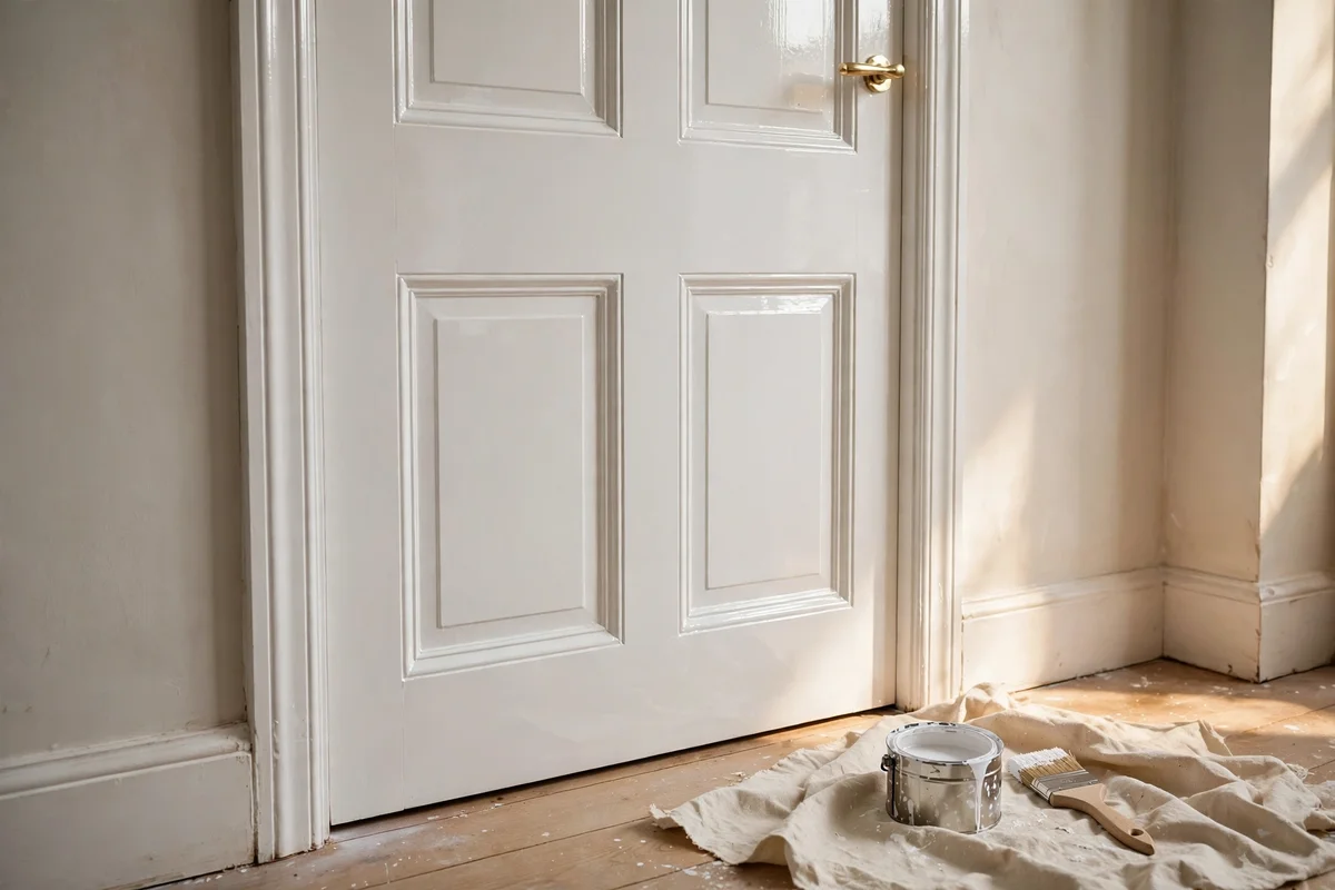 White gloss painted door with tin and brush nearby