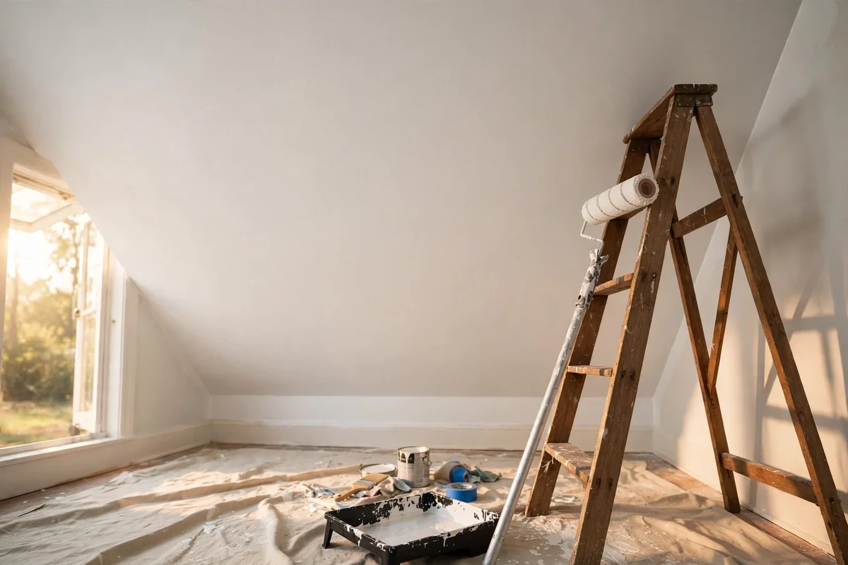 Freshly painted white ceiling with roller on extension pole
