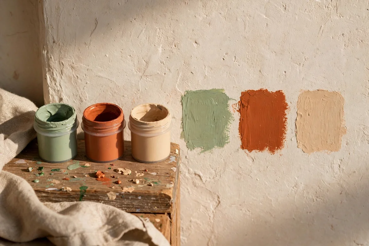 Tester paint pots in three shades beside wall colour patches