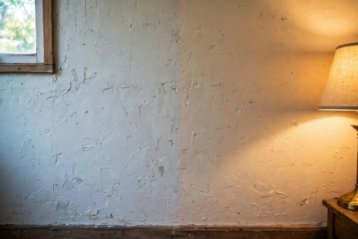 Painted wall half in daylight and half in warm lamplight