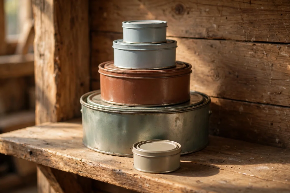 Paint tins of different sizes neatly stacked on a shelf
