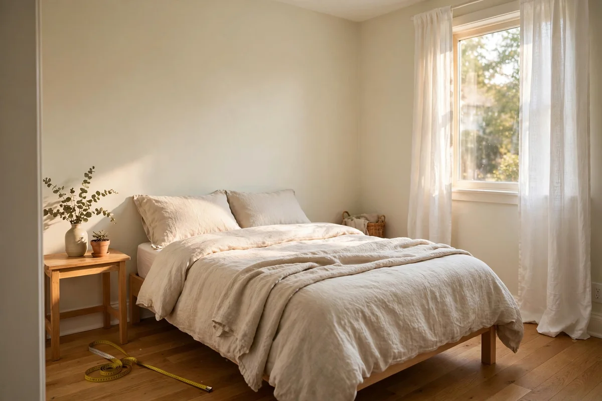 Small bedroom with freshly painted walls and measuring tape