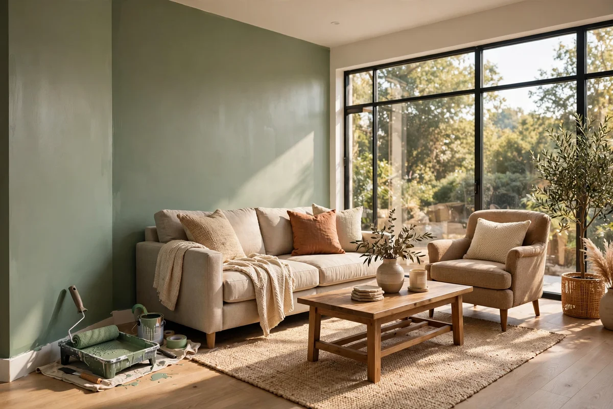 Spacious living room with painted walls, sofa and large window