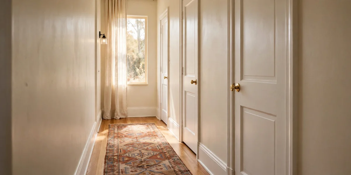 Narrow hallway with freshly painted walls and three white doors