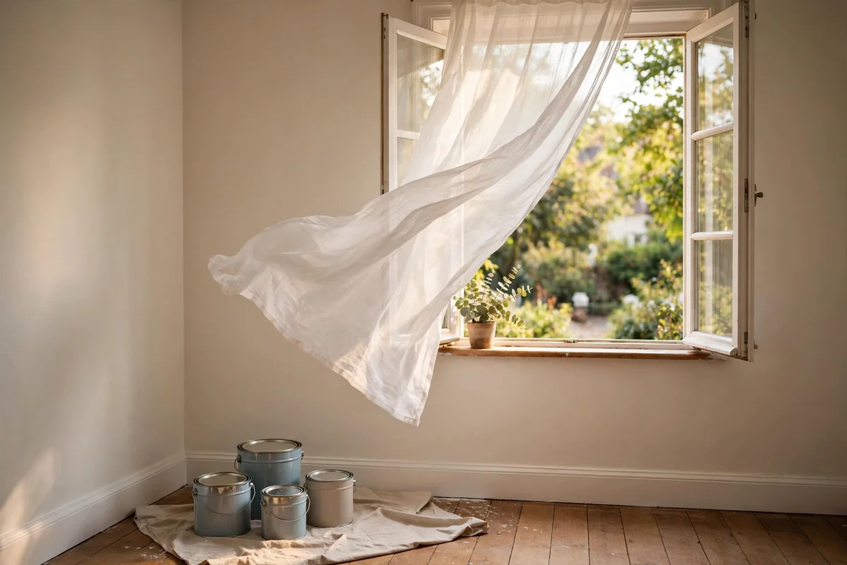 Open window with fresh air flowing into a painted room