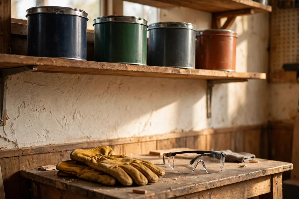 Sealed paint tins stored on a high shelf with gloves nearby