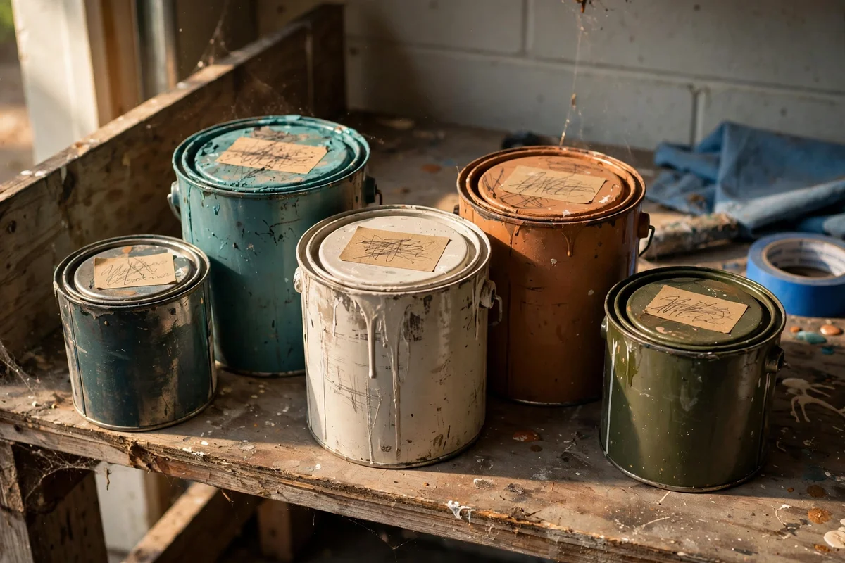 Leftover paint tins with labelled lids on a garage shelf