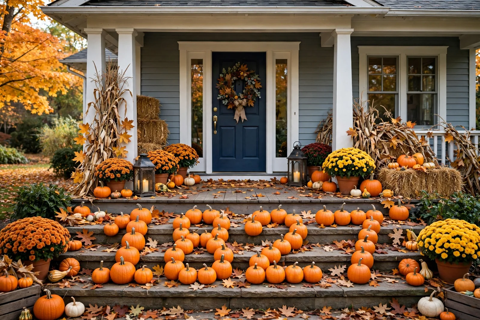 Wide view of a beautiful autumn porch with house number pumpkins and fall decor, welcoming