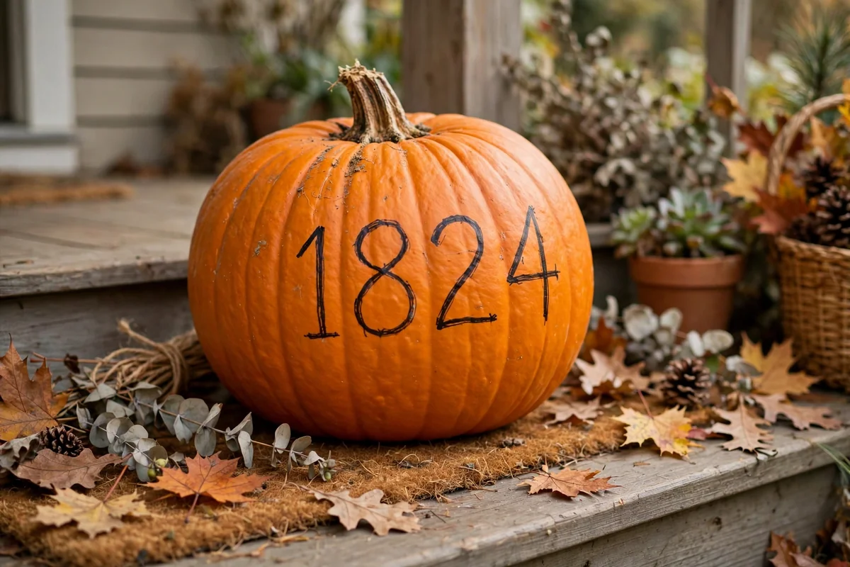 Pumpkin with simple marker house numbers on a porch, easy DIY