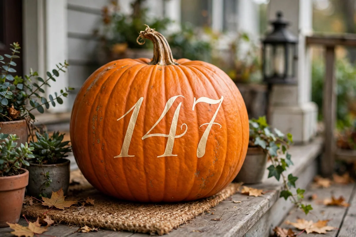 Pumpkin with elegant script house numbers on a porch
