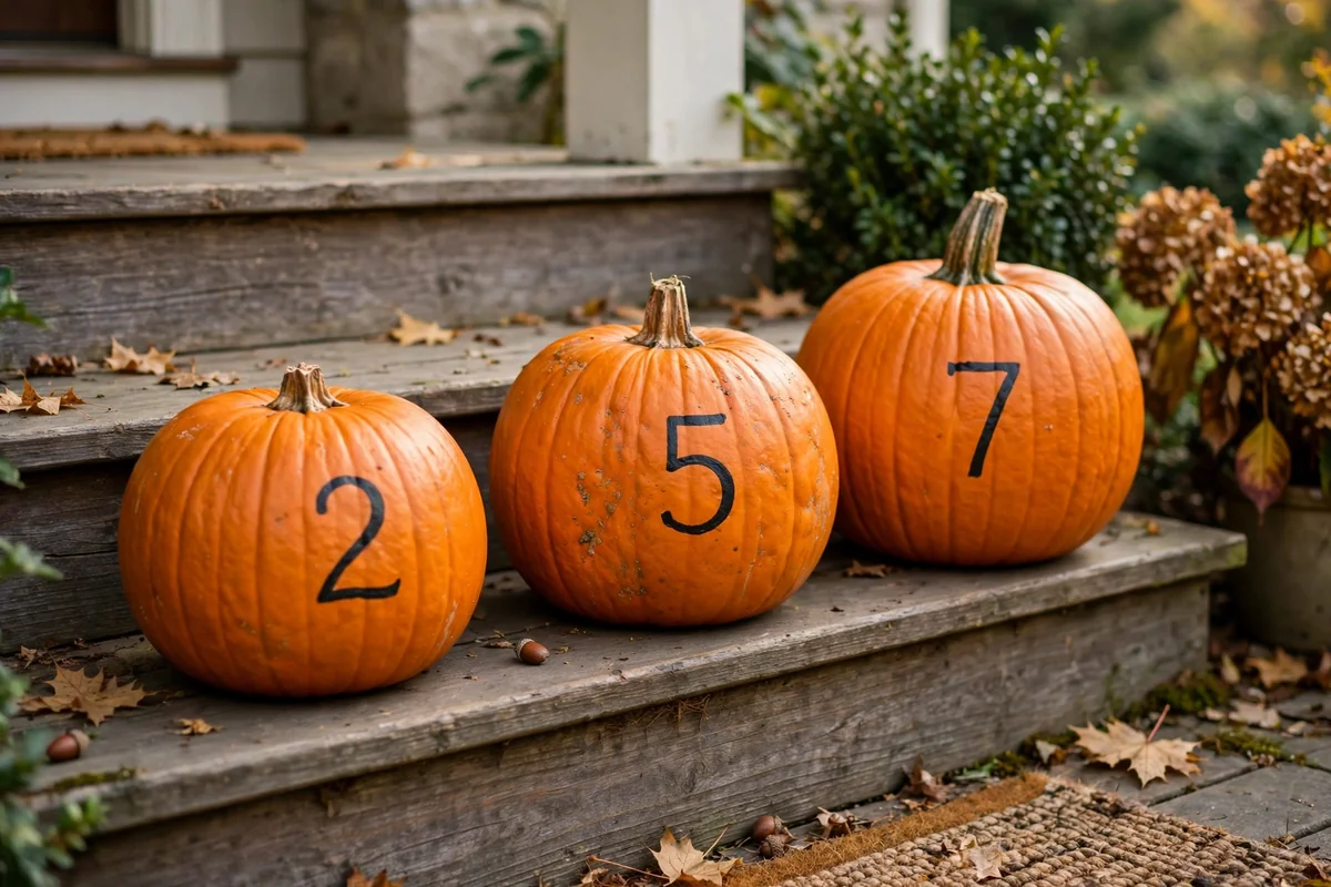 Three pumpkins each with one house number digit on porch steps