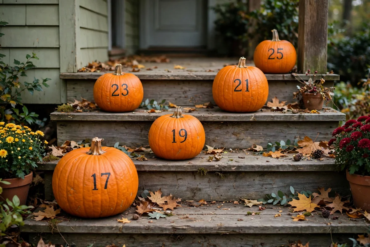 Pumpkins with house numbers in a staggered arrangement on porch steps