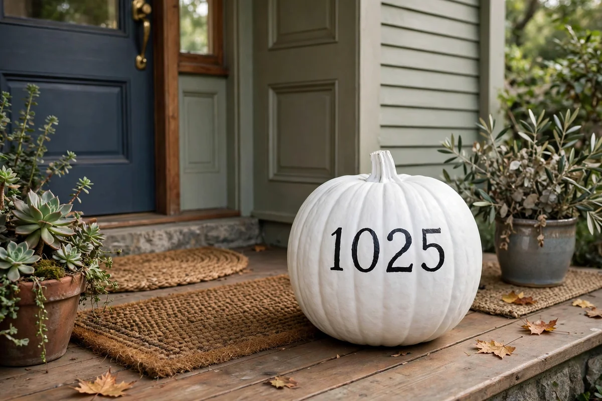 White painted pumpkin with black house numbers on a porch