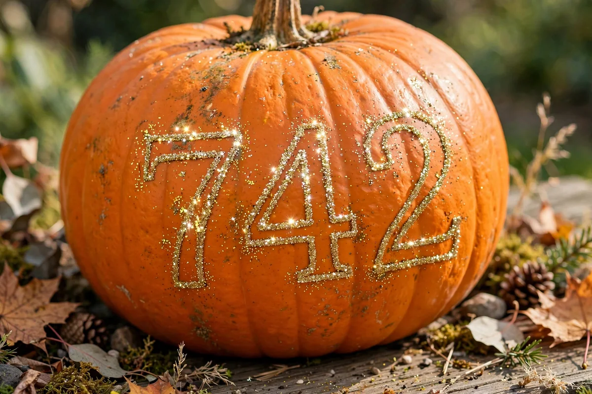 Glitter outlined house numbers on a pumpkin, sparkling