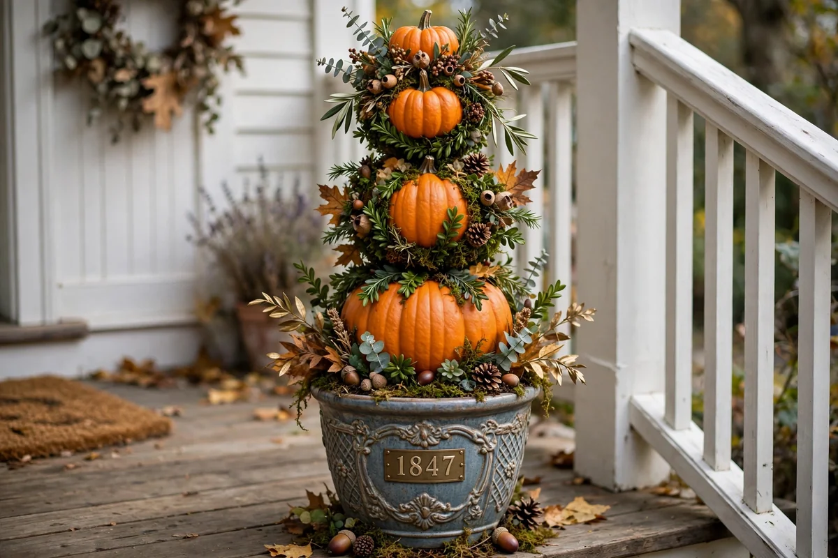 Pumpkin topiary with house numbers in a decorative pot on a porch