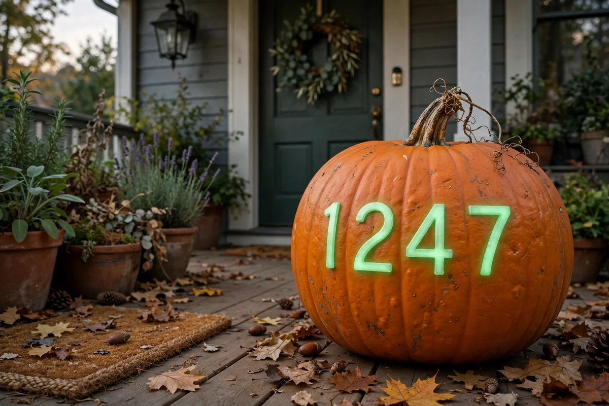 Pumpkin with glow in the dark house numbers on a porch at dusk