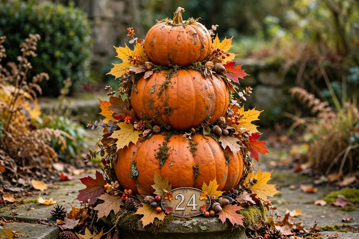 Pumpkin topiary with house numbers embellished with autumn leaves