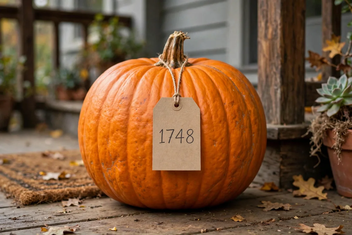 Pumpkin with house numbers hanging from a string tag on a porch