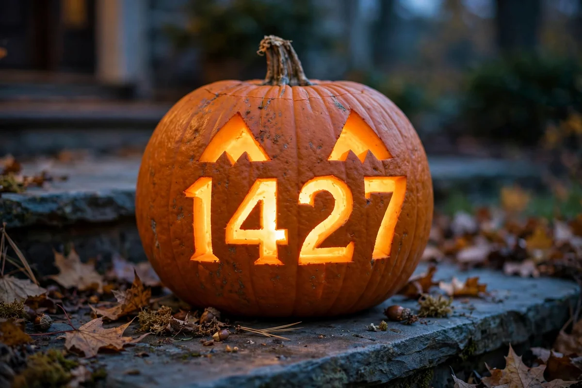 Carved jack-o-lantern pumpkin with glowing house numbers at night