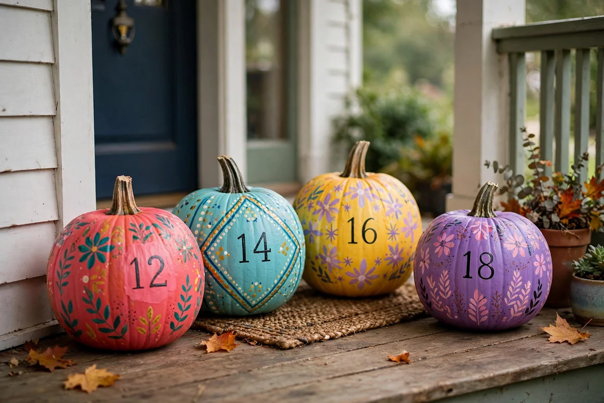 Colorful painted pumpkins with house numbers on a porch