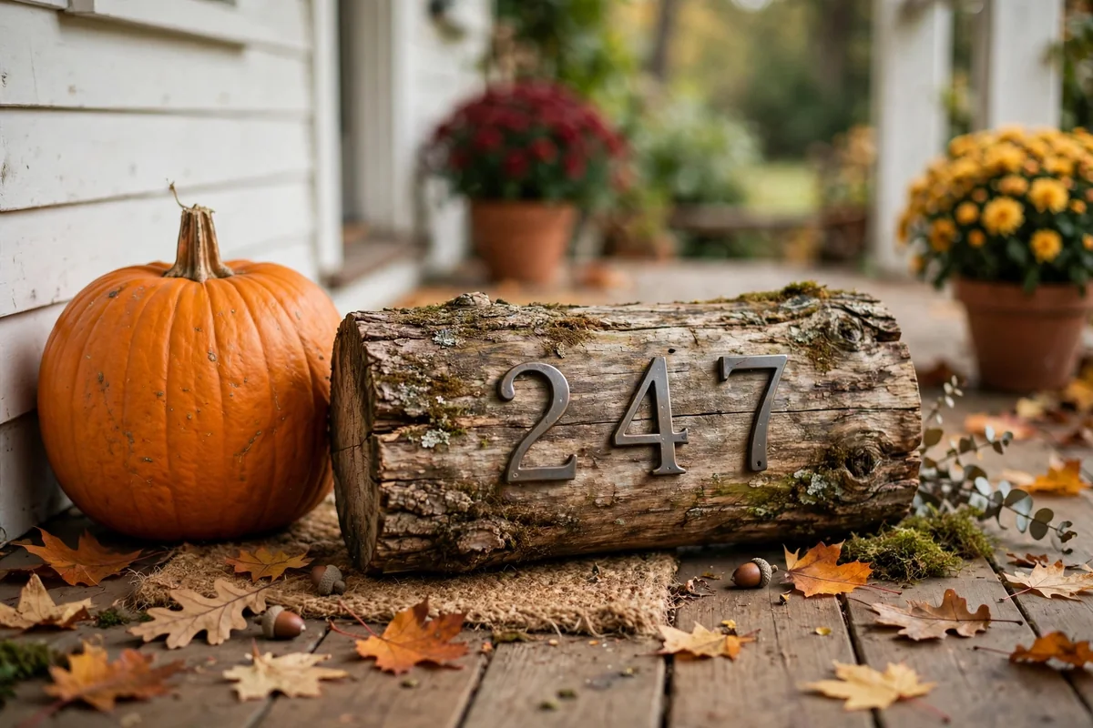 Pumpkin with house numbers displayed on a rustic wooden log on a porch