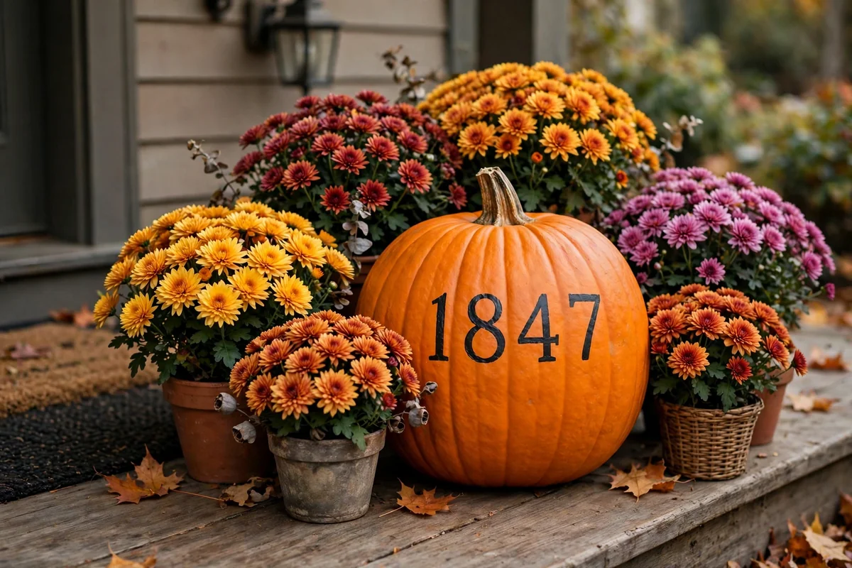 Pumpkin with house numbers surrounded by potted autumn mums on a porch