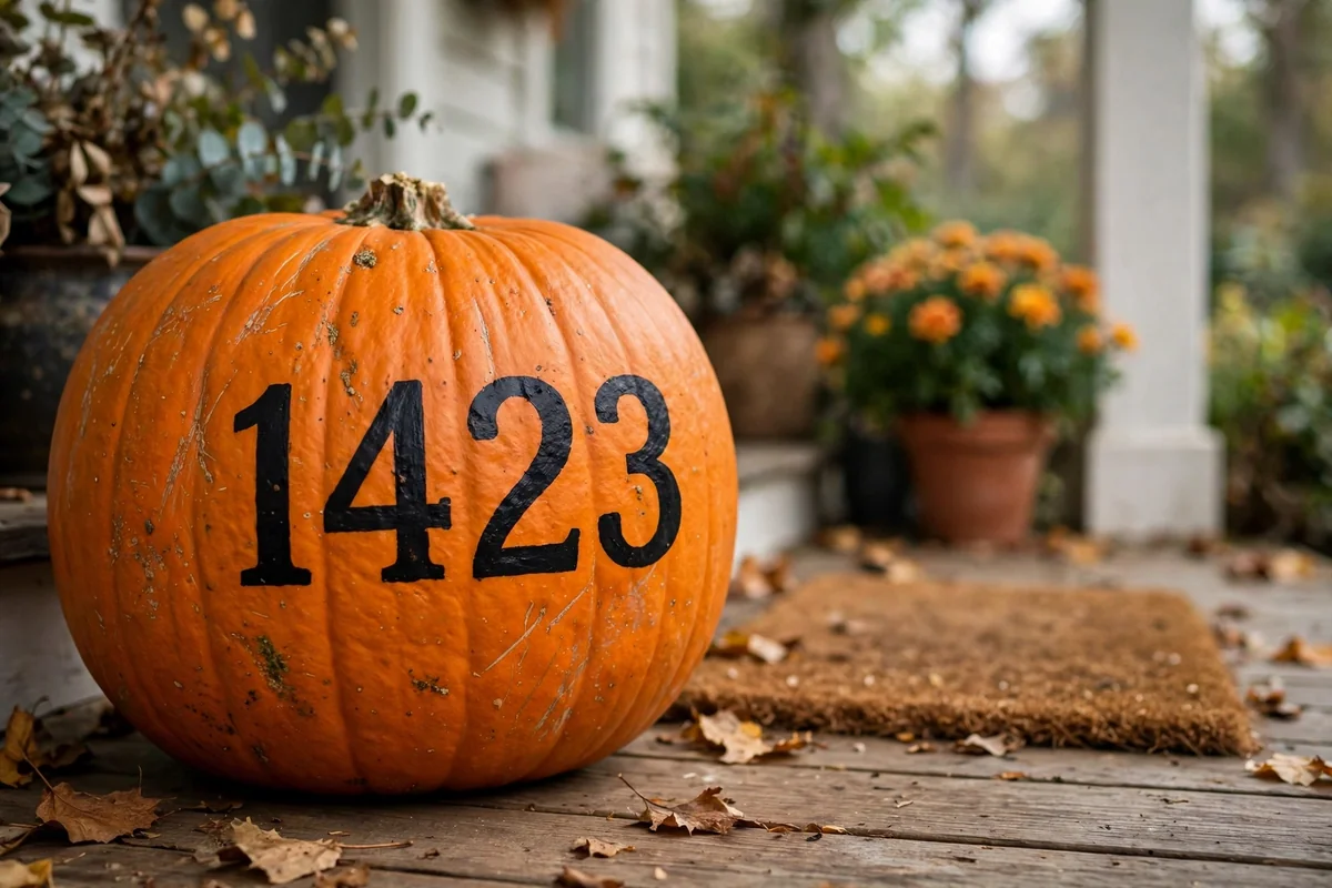 Orange pumpkin with bold black house numbers on a porch