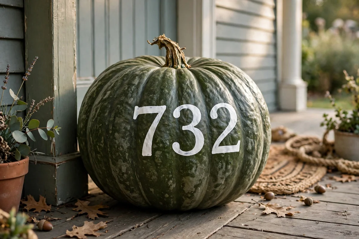 Green pumpkin with white house numbers on a porch, unique