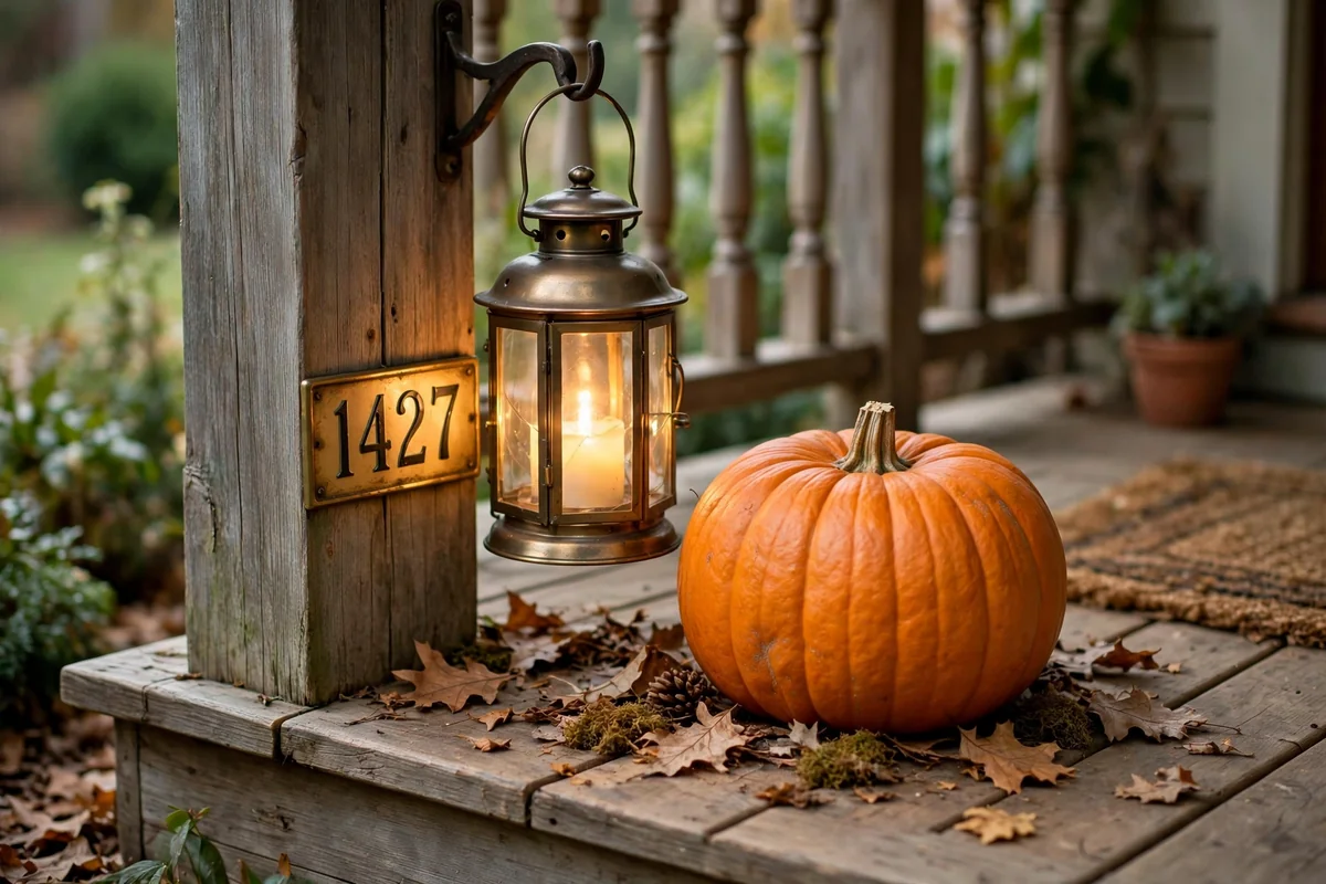 Pumpkin with house numbers beside a glowing lantern on a porch