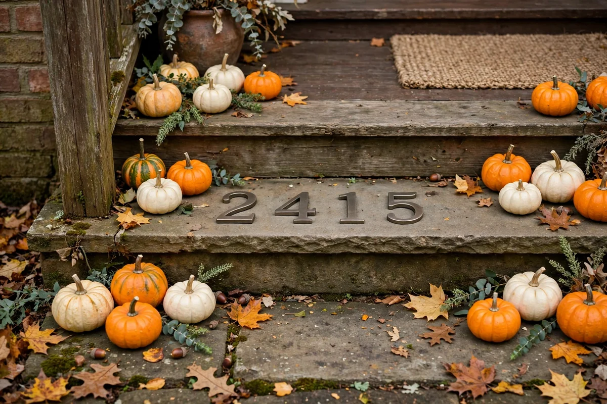 Mini pumpkins with house number digits arranged on porch steps