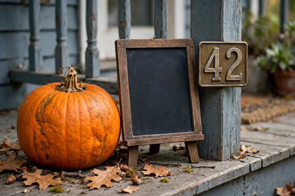 Pumpkin with house numbers next to a small chalkboard sign on a porch