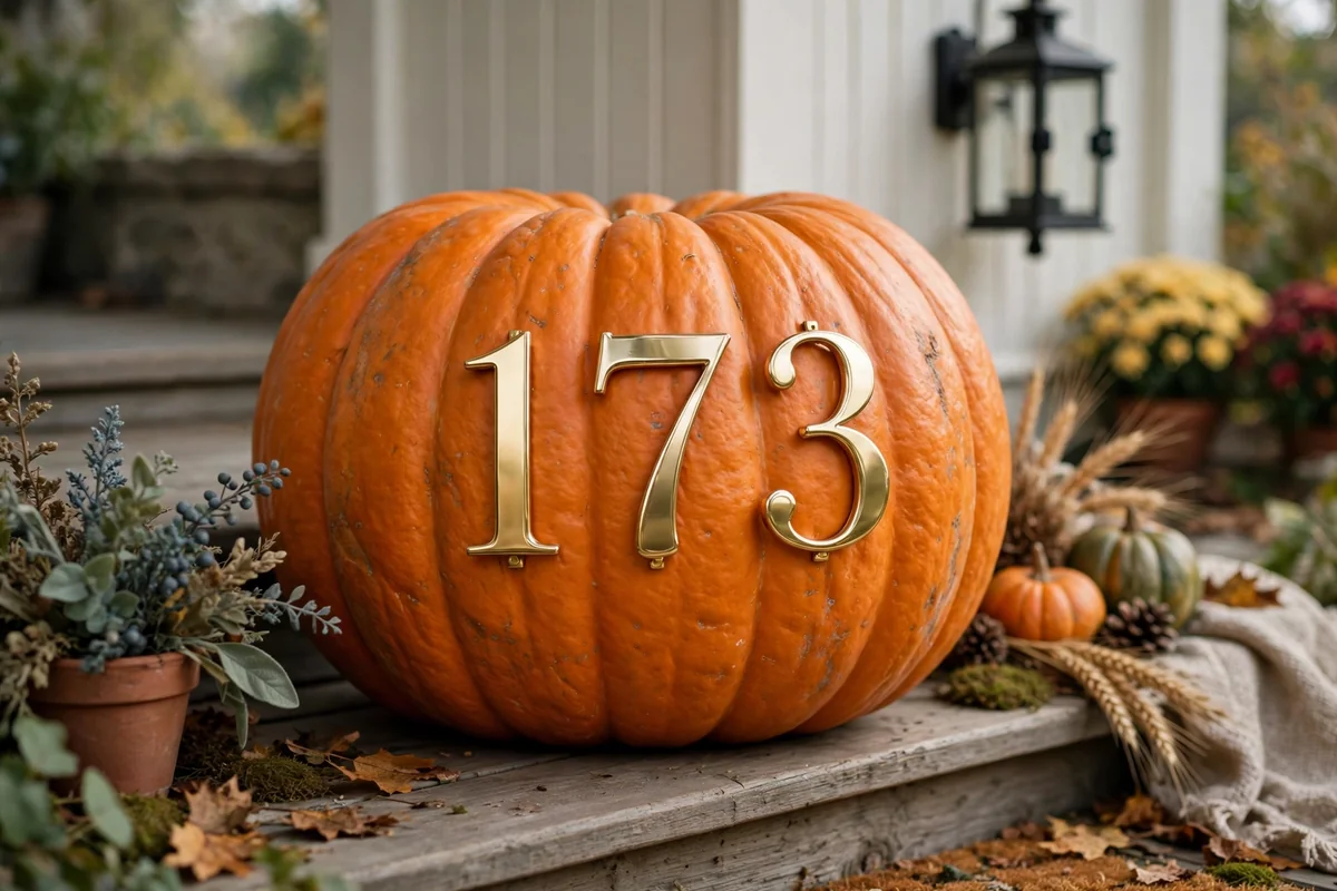 Pumpkin with metallic gold house numbers, elegant, on a porch