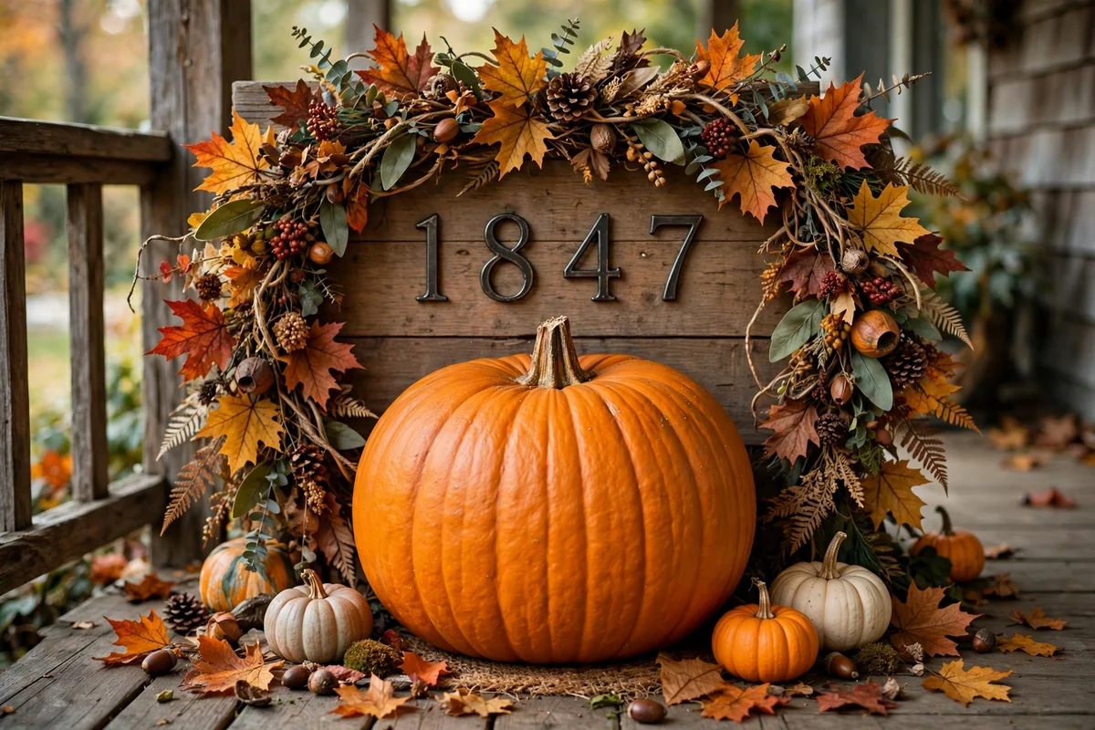 Pumpkin with house numbers framed by an autumn garland on a porch