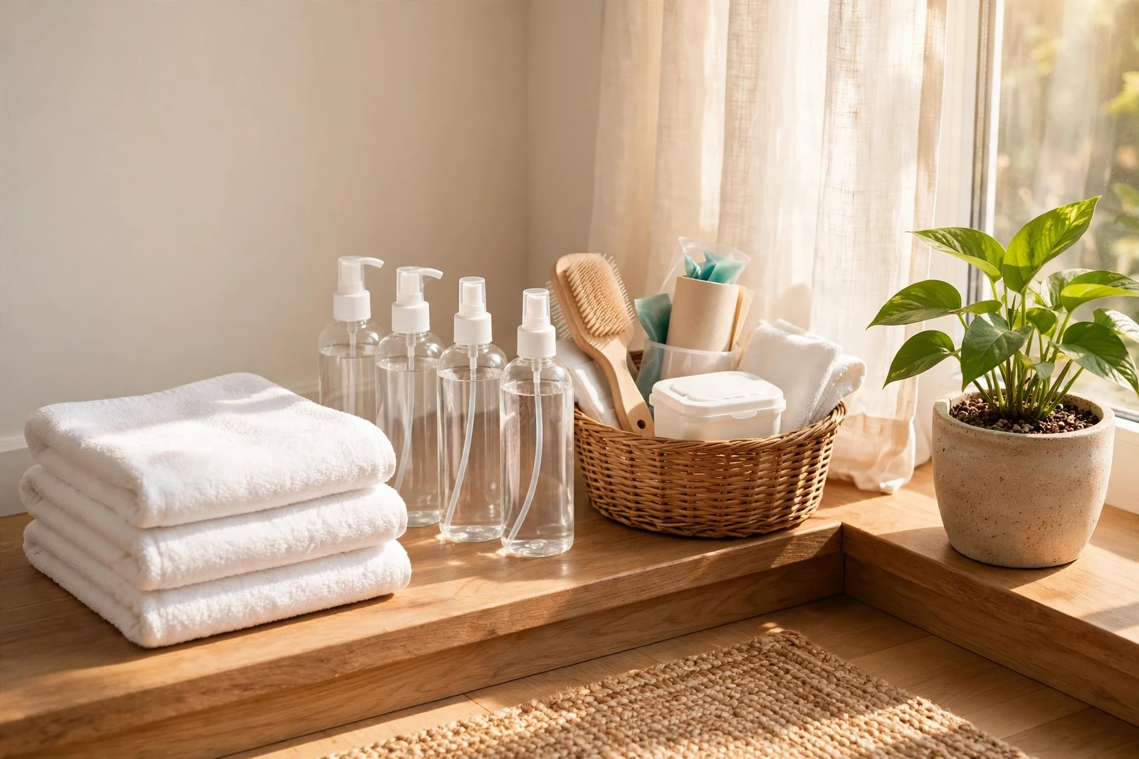 Fresh clean living room corner with pet cleaning supplies and bright natural light
