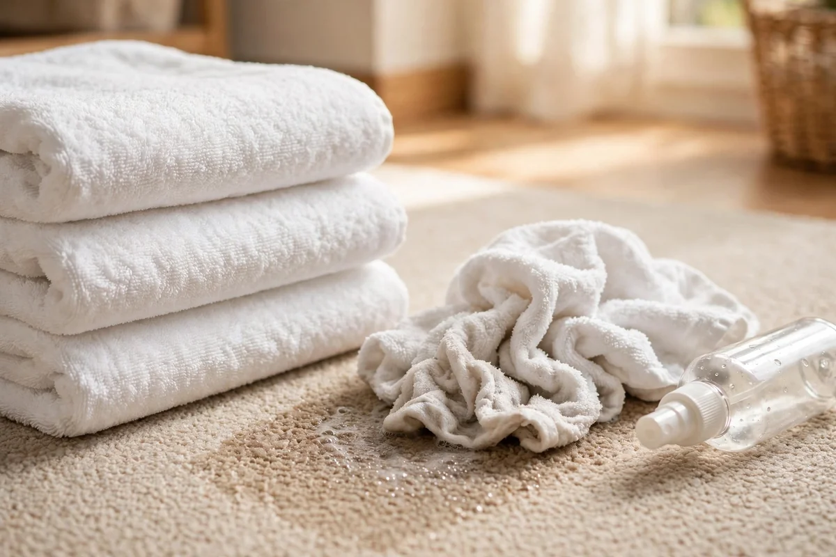 White towels and spray bottle beside a carpeted floor area