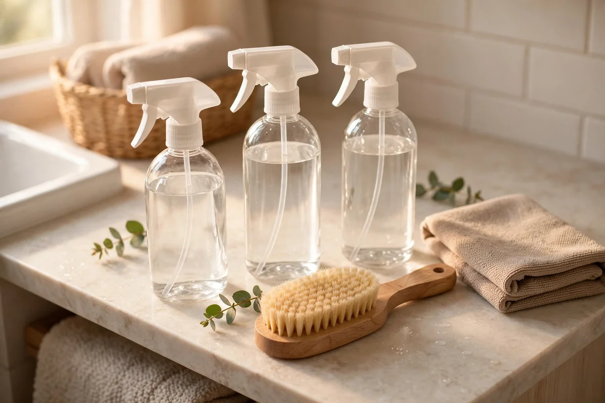 Pet cleaning products with plain bottles on a bathroom counter