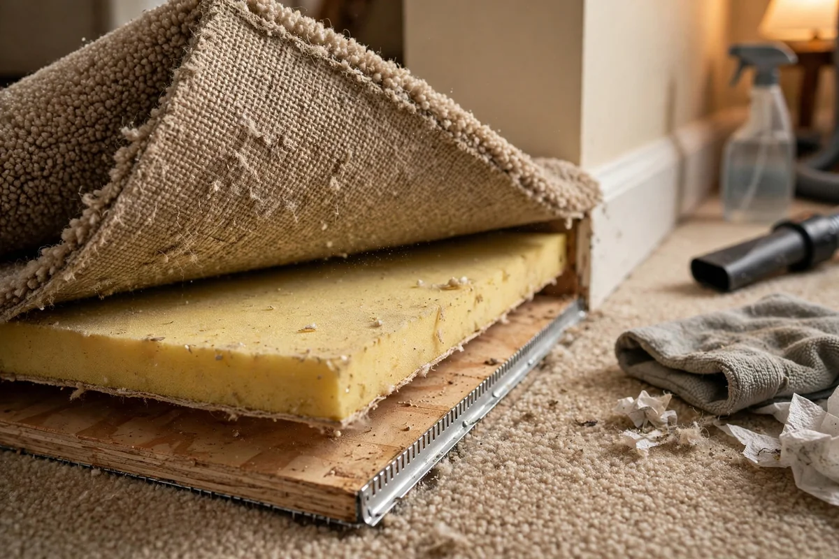 Lifted carpet edge showing padding layers underneath