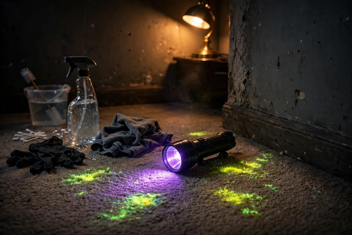 UV blacklight glowing on carpet in a dark room