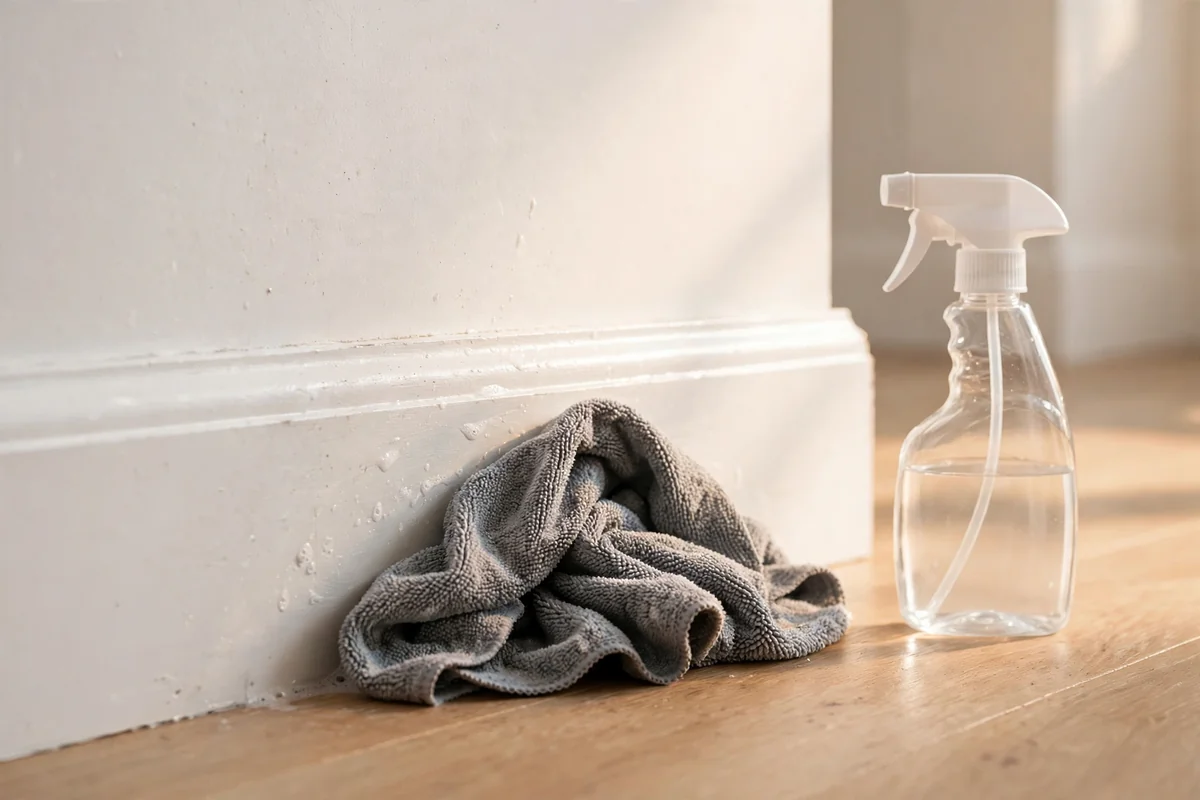 Microfiber cloth wiping a white baseboard with spray bottle nearby