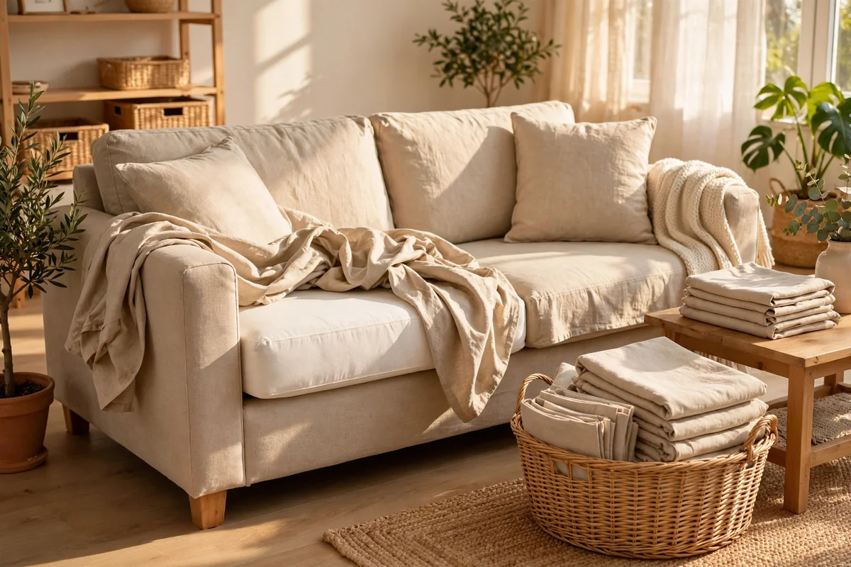 Sofa with cushion covers removed and laundry basket nearby