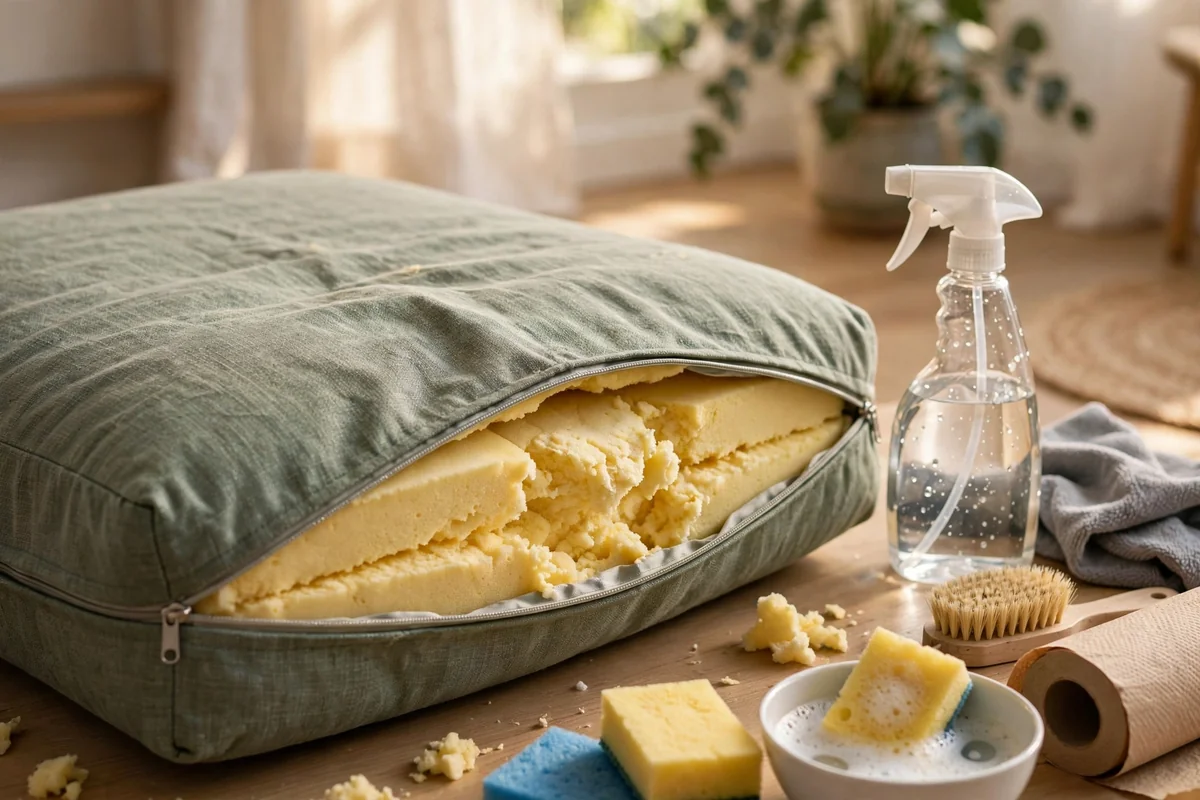 Armchair cushion with cover unzipped showing foam inside