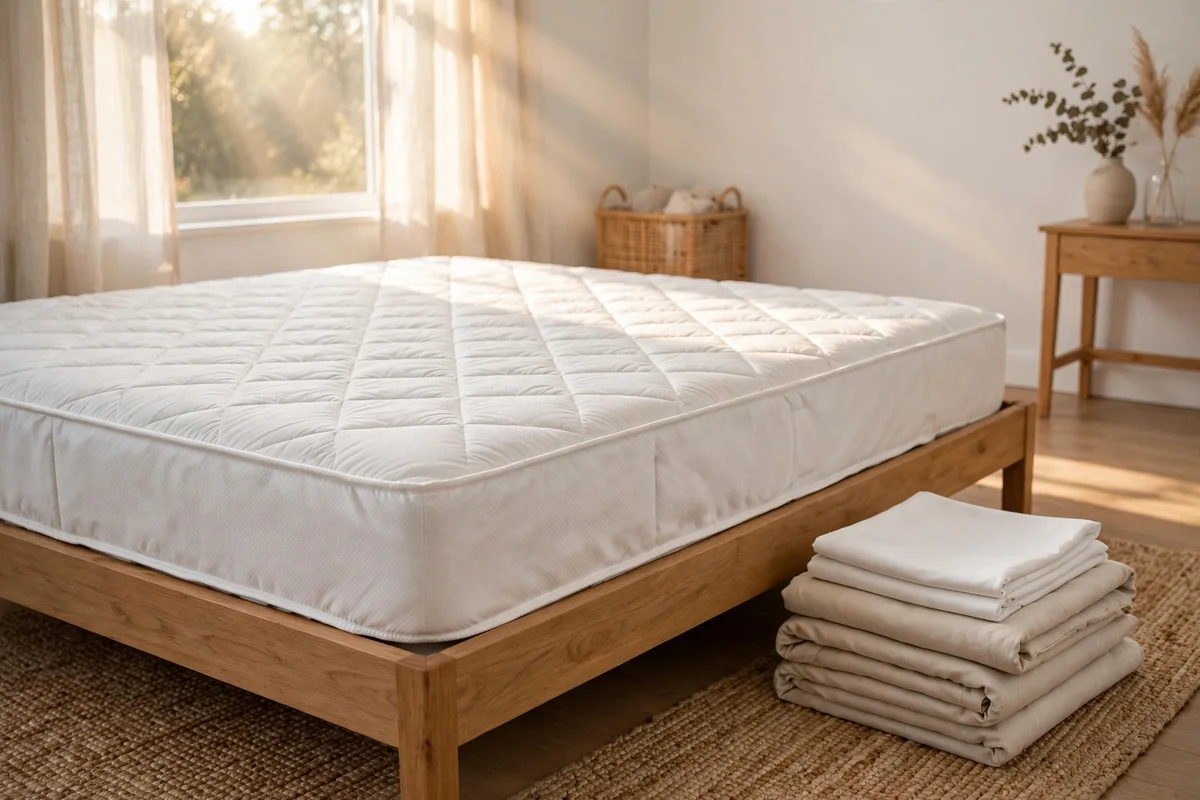 Stripped mattress with protector and fresh sheets beside it