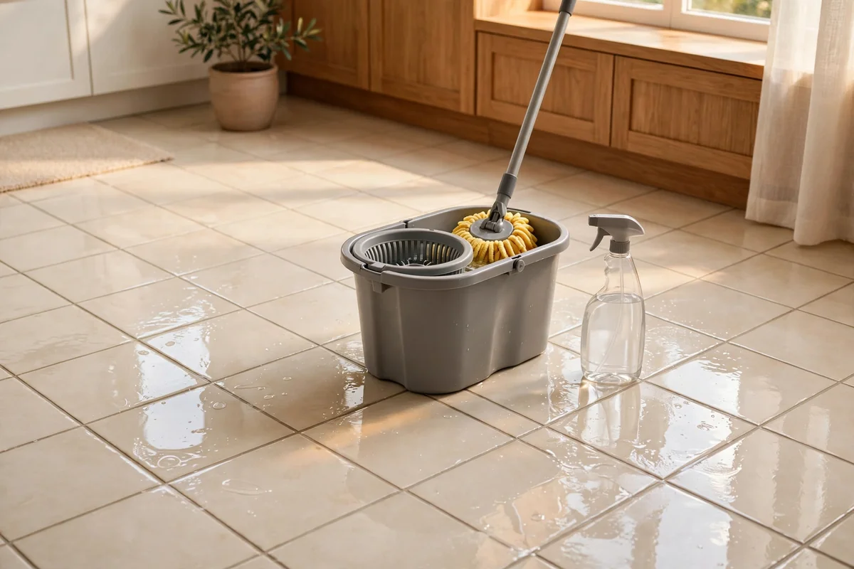 Sparkling tiled floor with mop and bucket