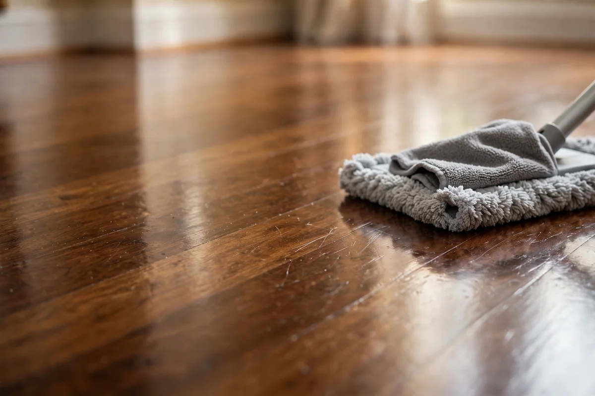 Polished hardwood floor with microfiber mop nearby