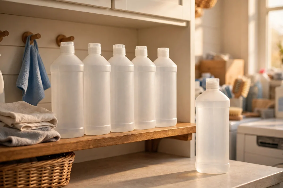 Cleaning products on a shelf with one bottle set aside
